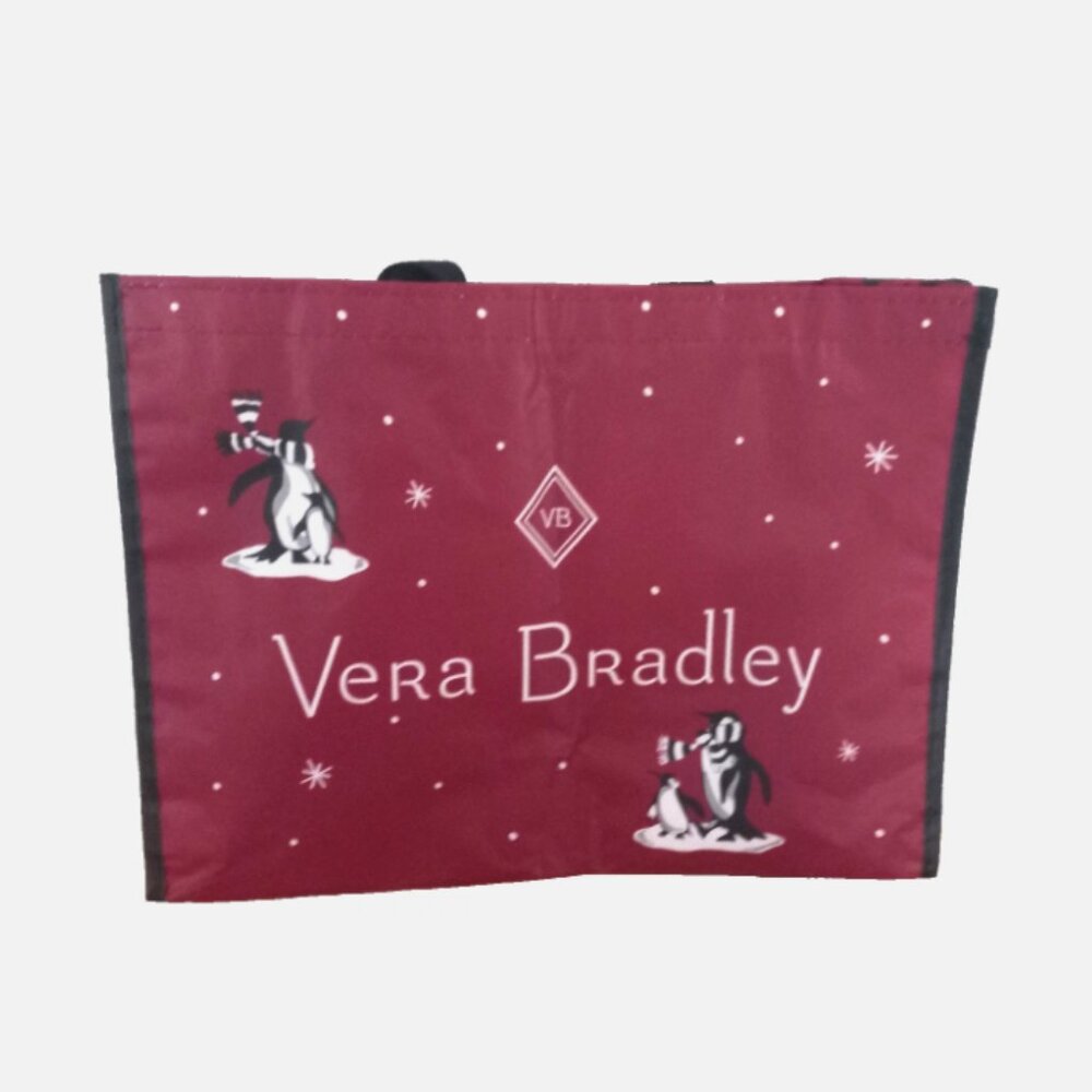 Vera Bradley Large Reusable Shopping Tote Red Winter Penguins 16x12x5.5 - Picture 3 of 5